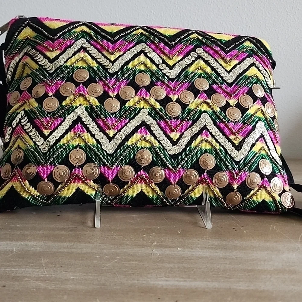 Bohemian Colorful Zigzag Embroidered Crossbody Clutch with Tassel